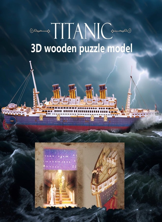 Vziimo Titanic 3D Puzzles for Adults, LED Titanic Metal Ship Model Building Kits for Home Desk Decor, 368 Pcs Wooden DIY Arts and Crafts Collection Gifts for Couples Women Teens 14 + - Image 2